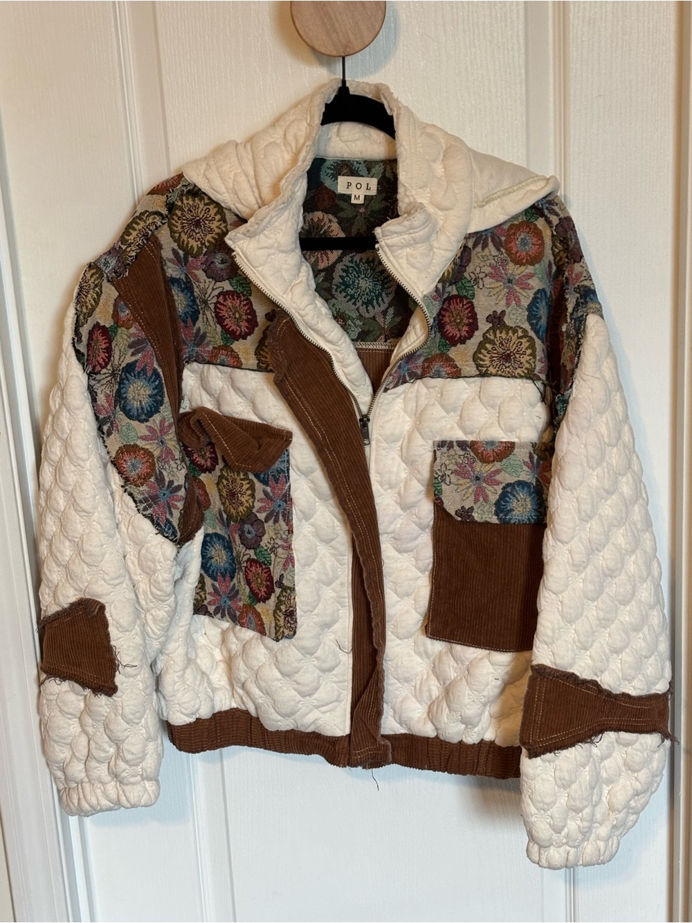 POL Ivory Quilted Jacket with Multicolor Floral Panels and Brown Trim